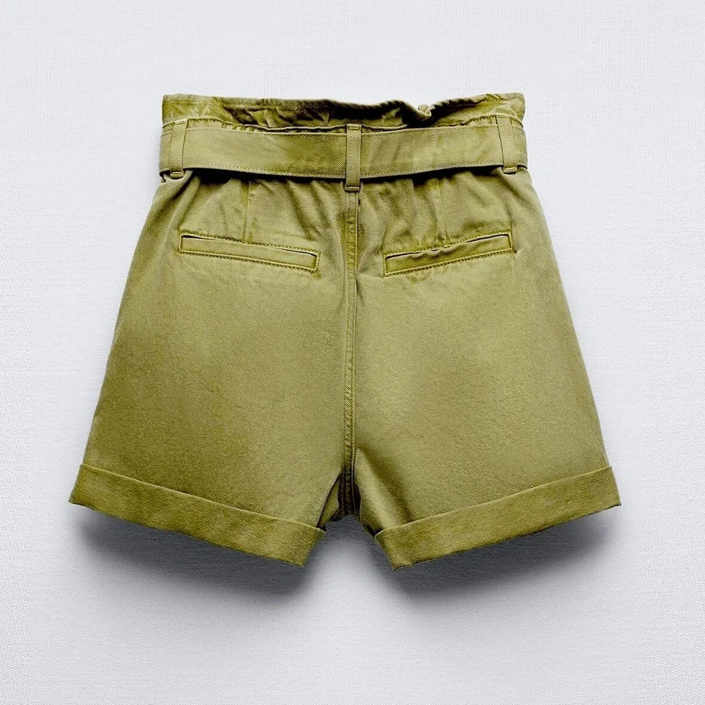 Zara Green Denim Baggy‎ Paperbag Raw Hem Shorts with Belt